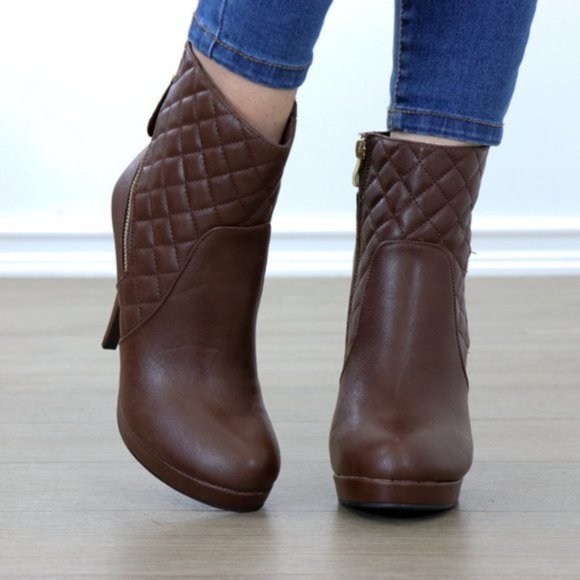 Brown Quilted Platform High Heel Ankle Boots - Picture 5 of 8